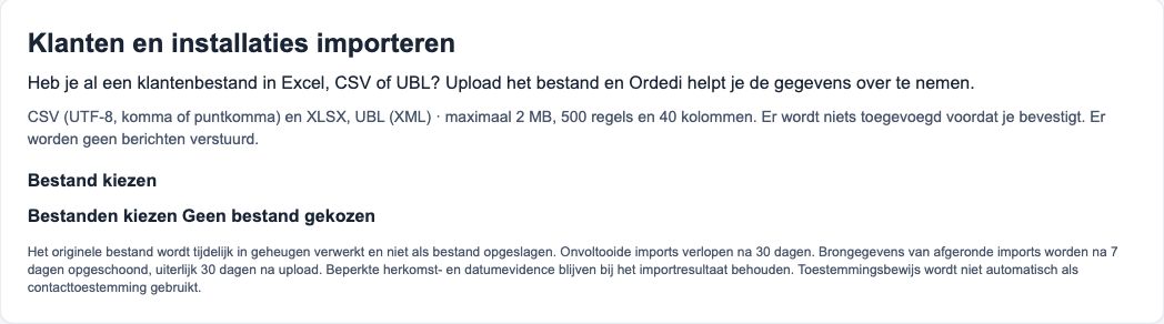 Importscherm met ondersteunde CSV-, XLSX- en UBL-bestanden en de knop Bestand kiezen.